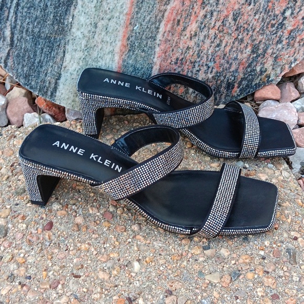 Anne Klein Jordyn Rhinestone Sparkly Crystal Embellished Block Heel Sandals